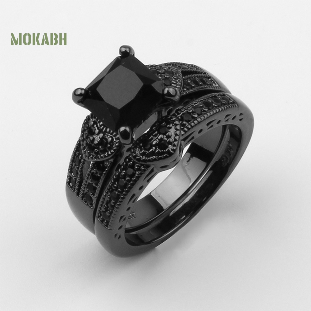 Set 2 Nhẫn Đính Đá Zircon Màu Đen Sang Trọng Cho Nam Nữ