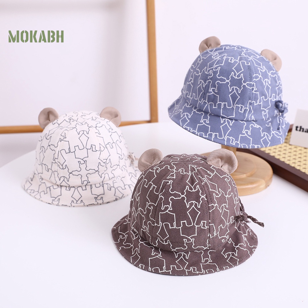 [Mok Abh] Mũ Ngư Dân Hình Tròn Mỏng Màu Tương Phản In Họa Tiết Gấu Hoạt Hình Có Thể Điều Chỉnh Bảo Vệ Tai Cho Trẻ Em