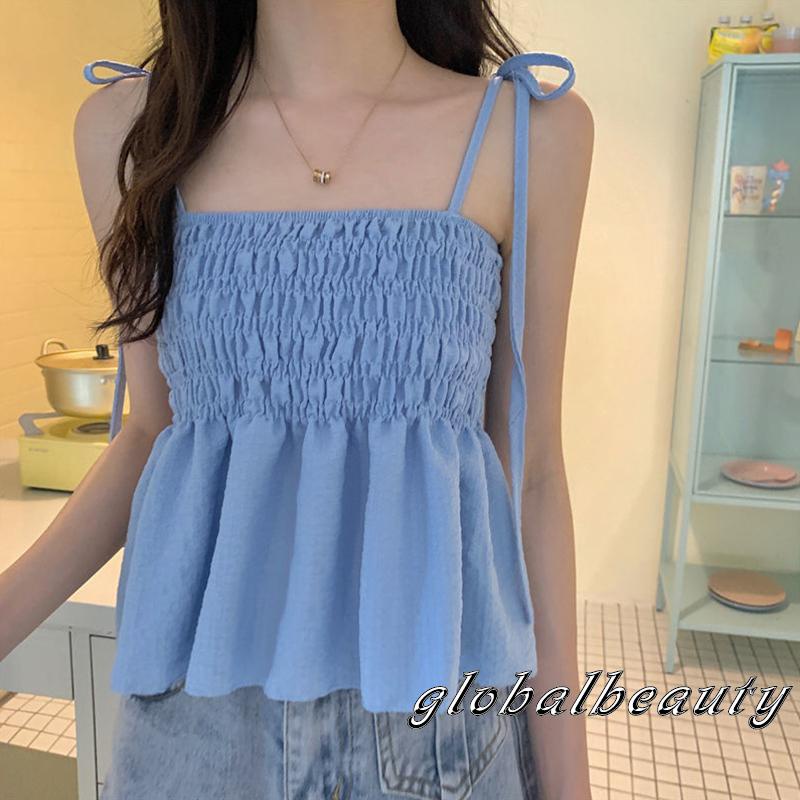 Áo Hai Dây Kiểu Xếp Ly Màu Trơn Thời Trang Mùa Hè Cho Nữ