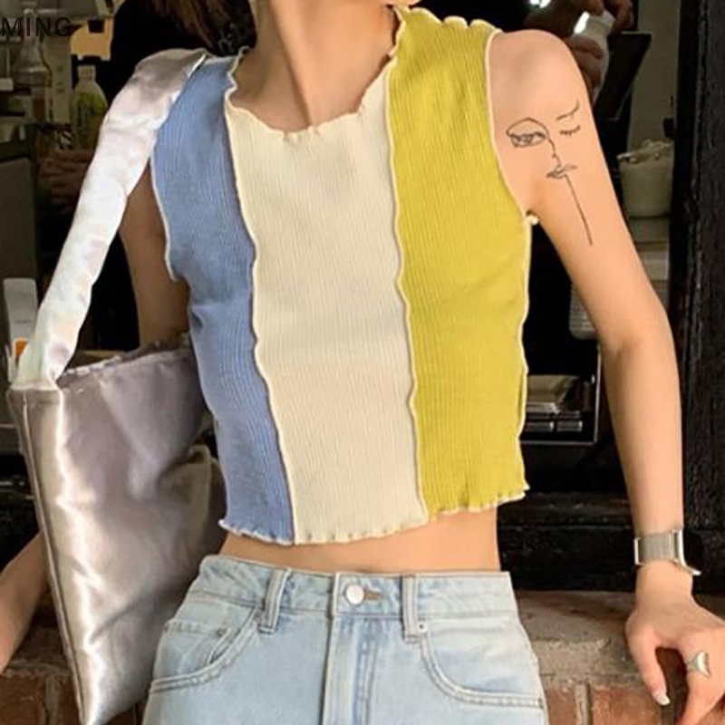 Áo Hai Dây Cổ Tròn Màu Sắc Tương Phản Thời Trang Mùa Hè Cho Nữ