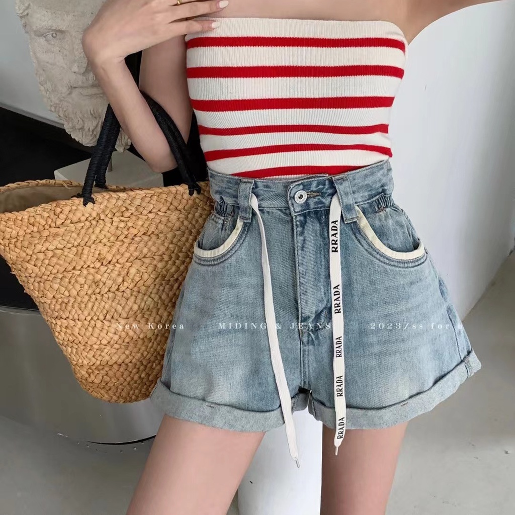 Quần Short Denim Lưng Cao Ống Rộng Kiểu Dáng Đơn Giản Plus Size Cho Nữ