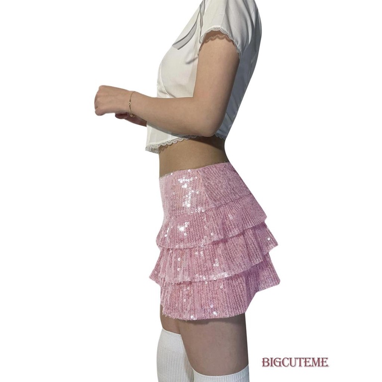 Chân Váy Ngắn Xếp Tầng Đính Kim Sa Màu Hồng Thời Trang Dành Cho Nữ