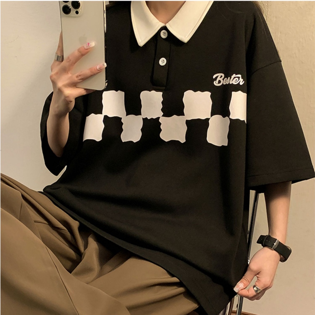 Áo Thun polo Tay Ngắn Dáng Rộng Bằng Cotton Tinh Khiết Mỏng Nhẹ Họa Tiết Kẻ Ô Cho Mùa Hè