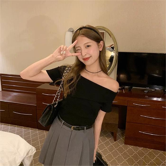 SUXI Áo Dệt Kim Ngắn Tay Trễ Vai Màu Sắc Đơn Giản