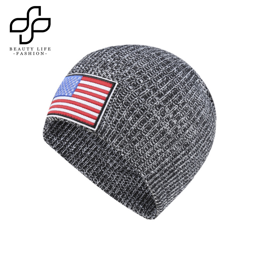 Mũ Beanie Dệt Kim Co Giãn In Họa Tiết Cờ Mỹ Cho Nam Và Nữ