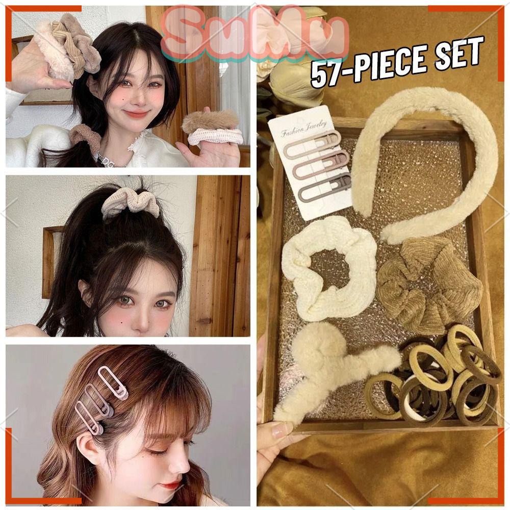 Set 57 Băng Đô Cài Tóc Màu Trơn 57 * * Cà Phê Sữa Phụ Kiện Rửa Mặt