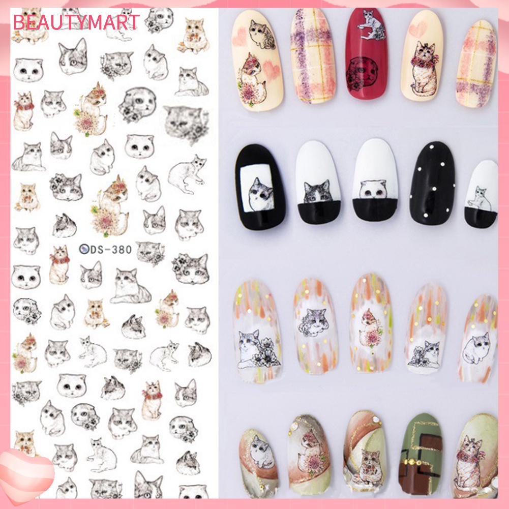 Miếng Dán Trang Trí Móng Tay Chuyển Nước Họa Tiết Mèo Và Đầu Lâu Phong Cách Harajuku