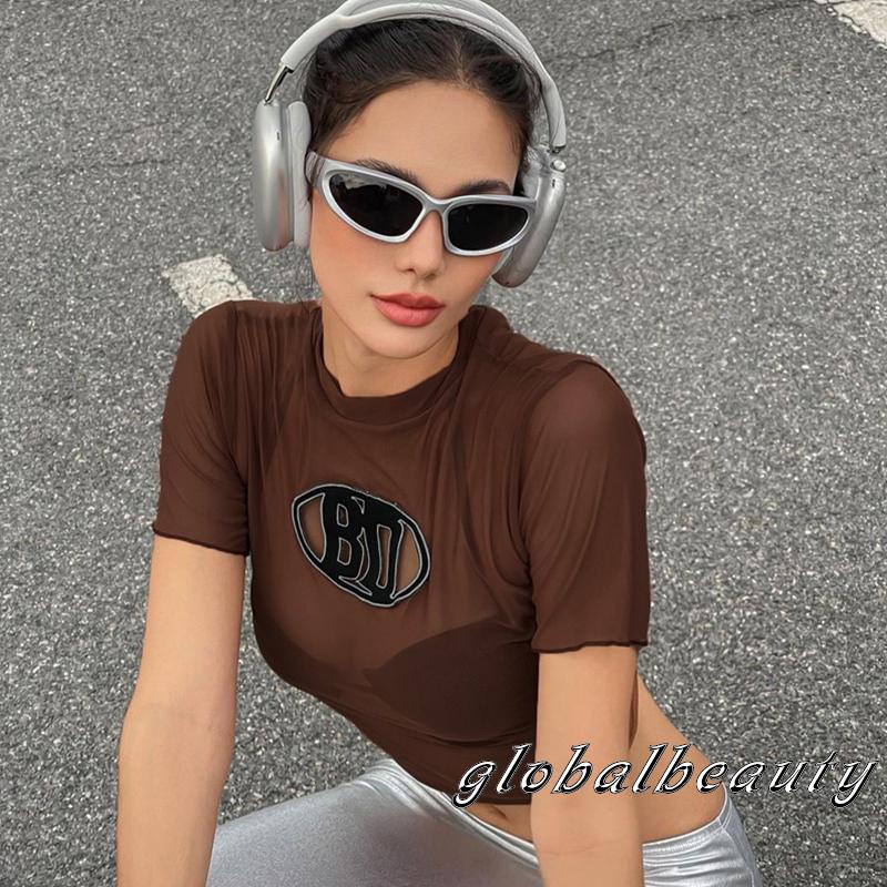 Áo Croptop Tay Ngắn Cổ Tròn Phối Lưới Thêu Chữ Phong Cách Đường Phố Cho Nữ