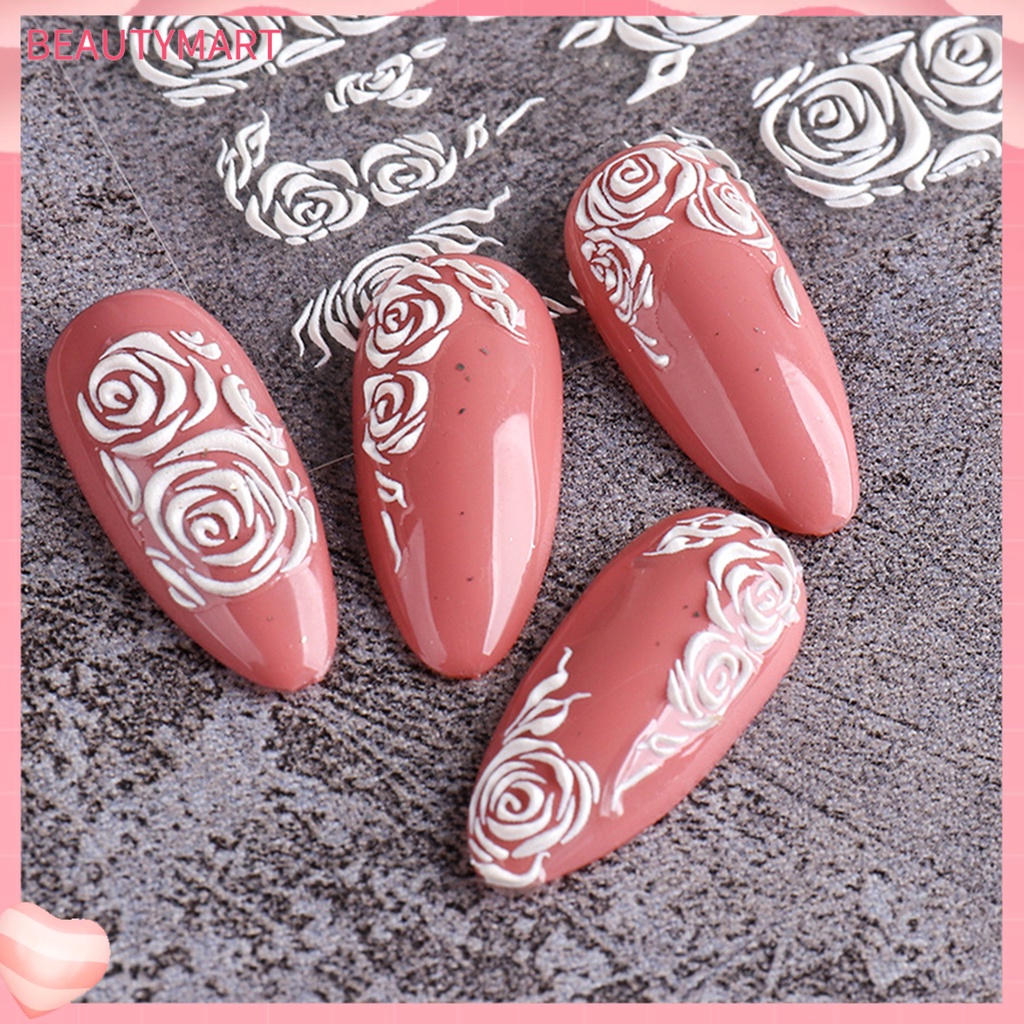Miếng Dán Móng Tay Hiệu Ứng 5D Không Phai Siêu Mỏng Họa Tiết Hoa Dập Nổi Màu Trắng Dùng Trang Trí Móng Tay