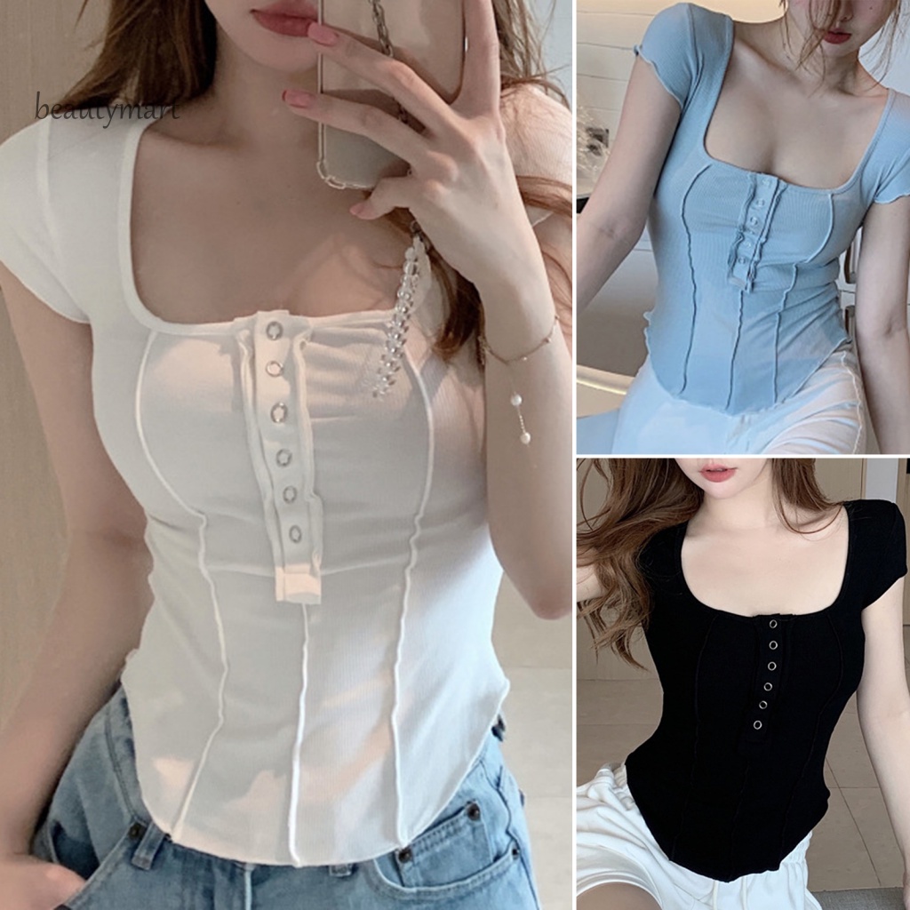 Áo Thun Crop Top Cổ Chữ U Viền Độc Đáo Trọng Lượng Nhẹ Thời Trang Cho Nữ beautymartm1