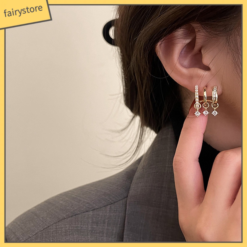 1 Đôi Bông Tai Hình Học Nhiều Lớp Đính Đá &amp; Ngọc Trai Giả