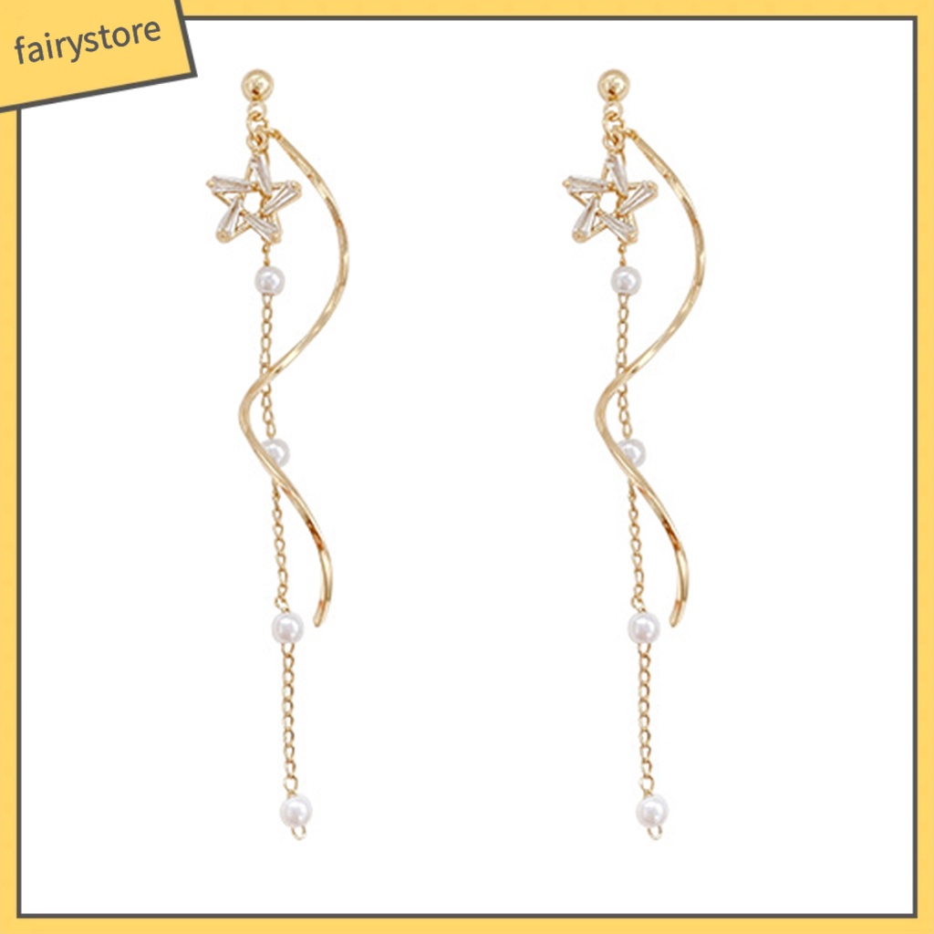 1 Đôi Bông Tai Dáng Dài Hình Ngôi Sao Đính Ngọc Trai Nhân Tạo Thời Trang