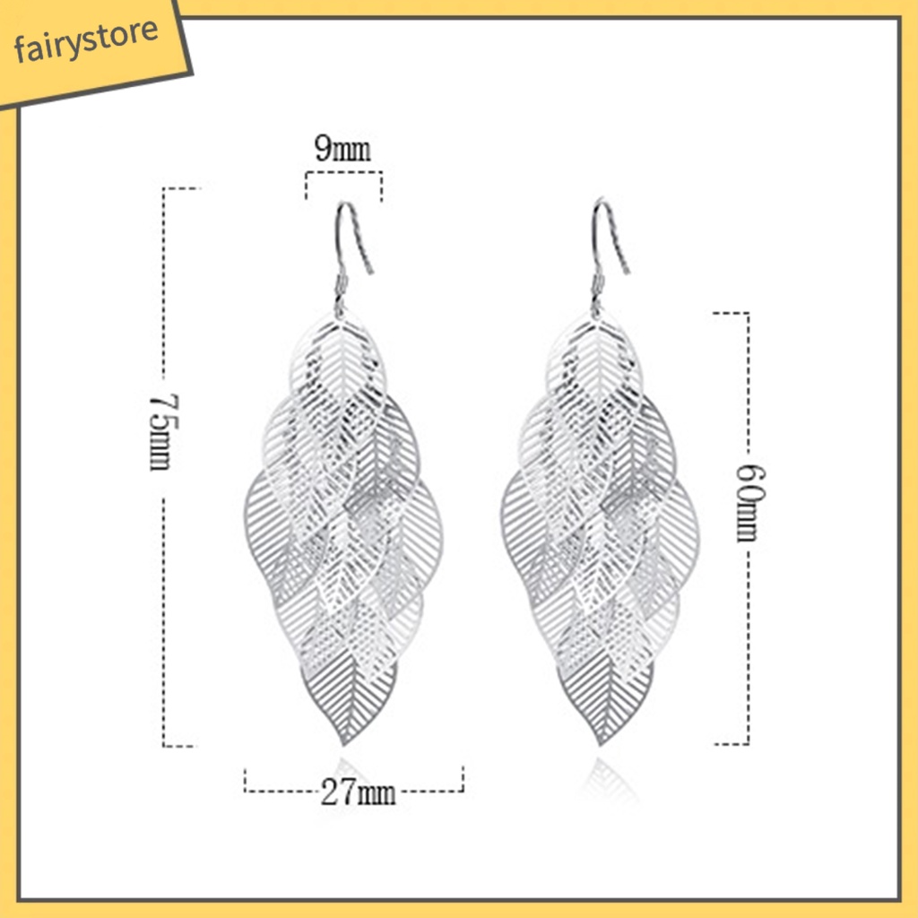 1 Đôi Bông Tai Hình Chiếc Lá Tua Rua Nhiều Lớp Màu Bạc Thời Trang