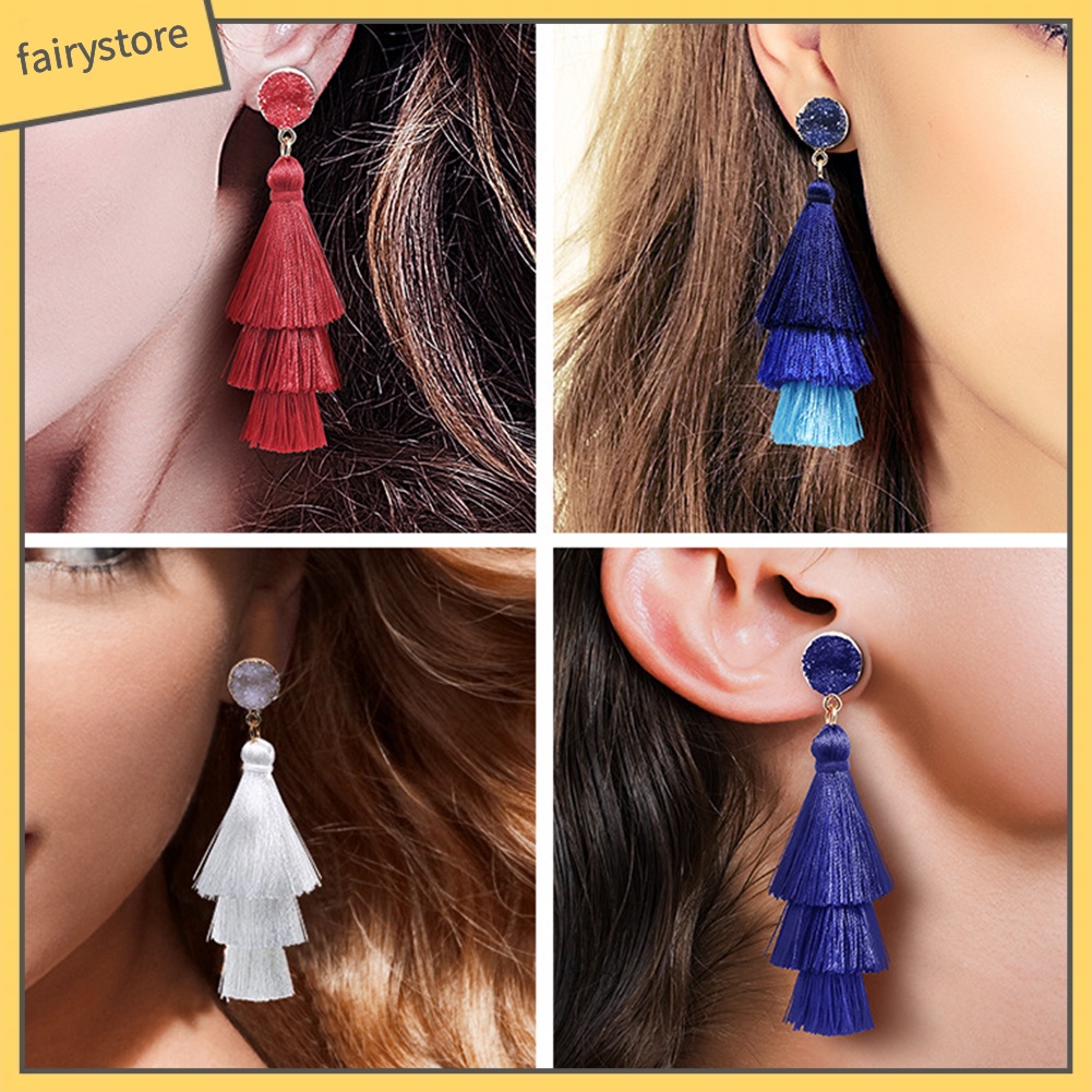 Bông Tai Chuỗi Dài Tua Rua Nhiều Lớp Phong Cách Bohemian Cho Nữ