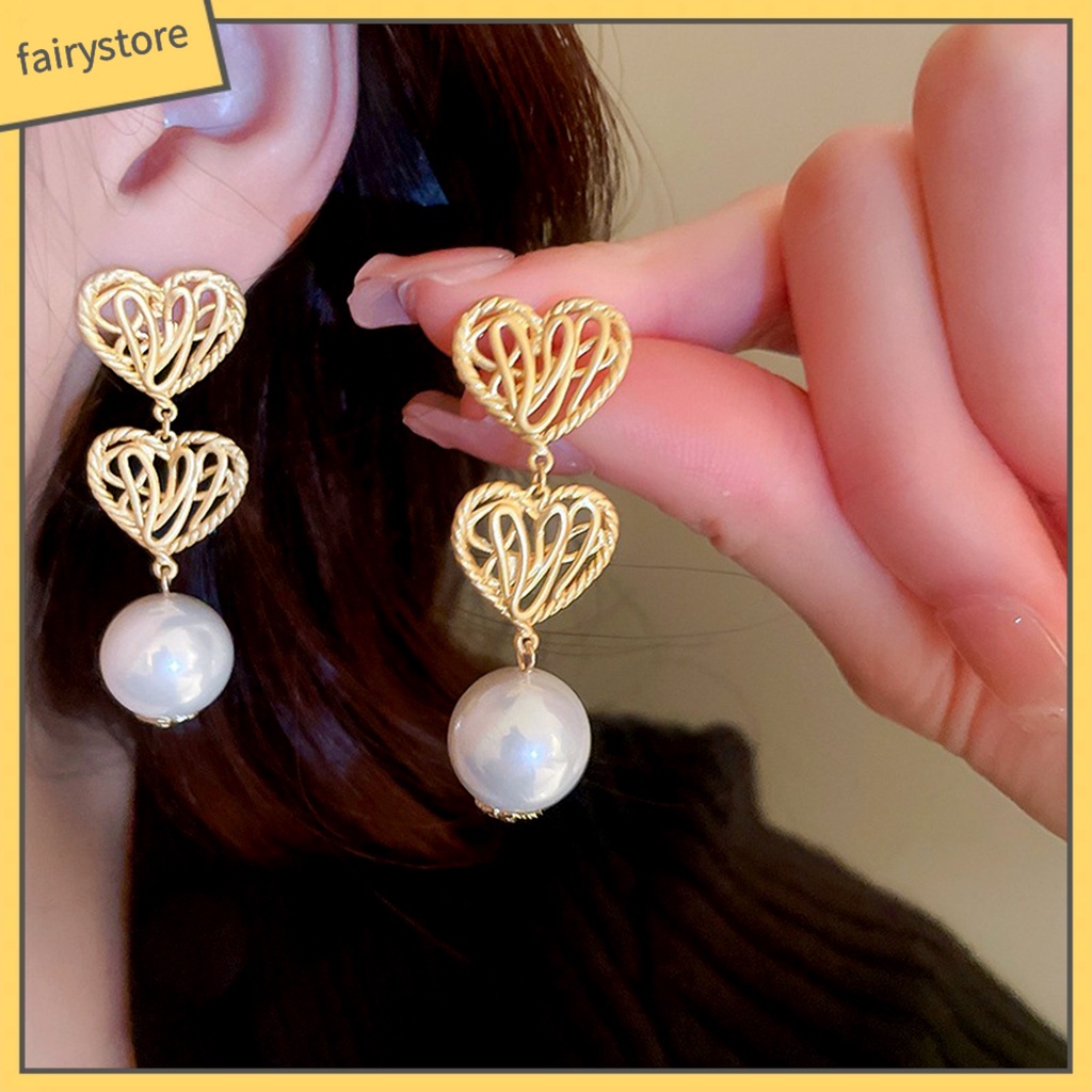 1 Đôi Bông Tai Hình Trái Tim Đính Ngọc Trai Giả Mạ Điện Không Gây Dị Ứng Thời Trang