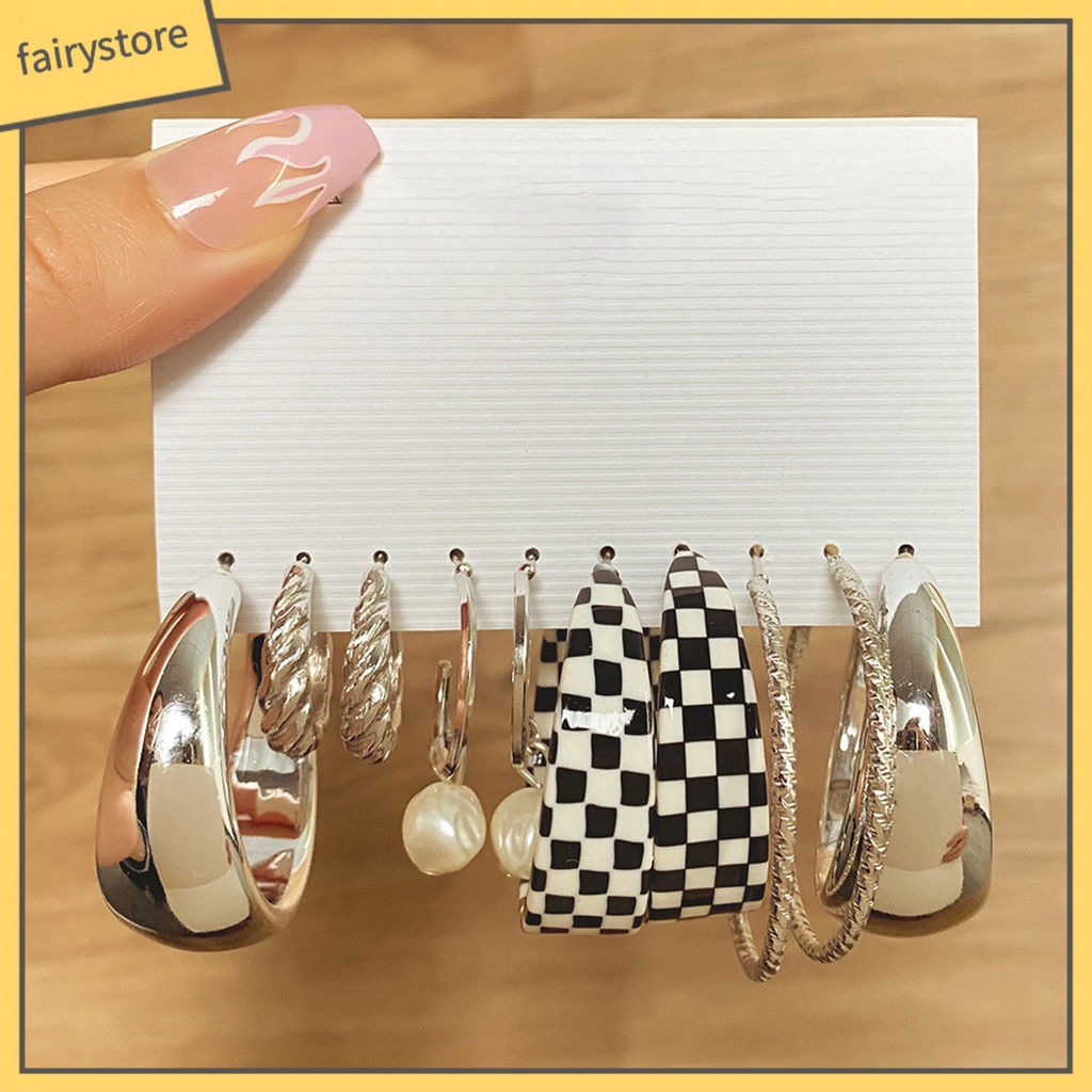 Set 5 Đôi Bông Tai Dạng Vòng Hình Học Họa Tiết Kẻ Ô / Trái Tim / Bướm / Ngọc Trai Giả Màu Trắng Đen Thời Trang Cho