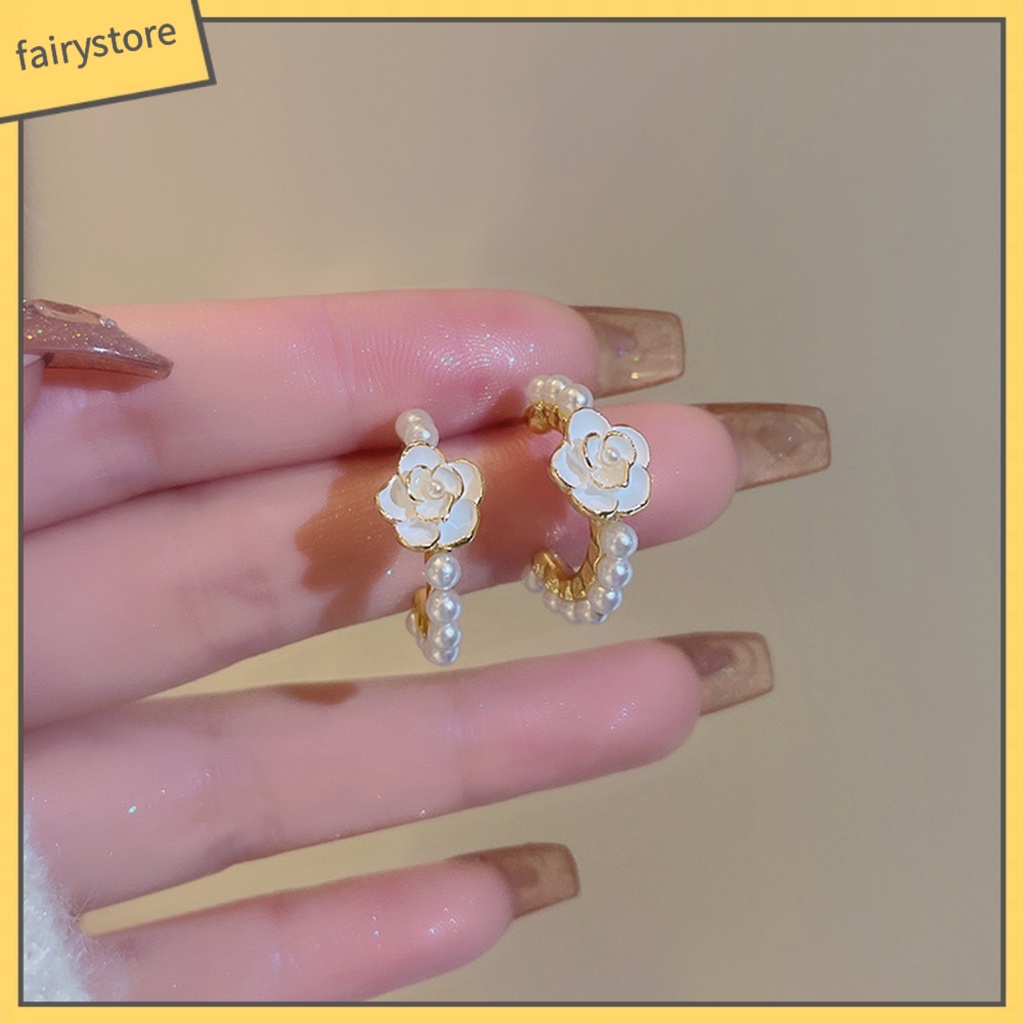 [FRO] 1 Đôi Bông Tai Tròn Đính Hoa Trà Phong Cách Pháp Thanh Lịch Không Phai Màu Trang Trí Ngọc Trai Giả