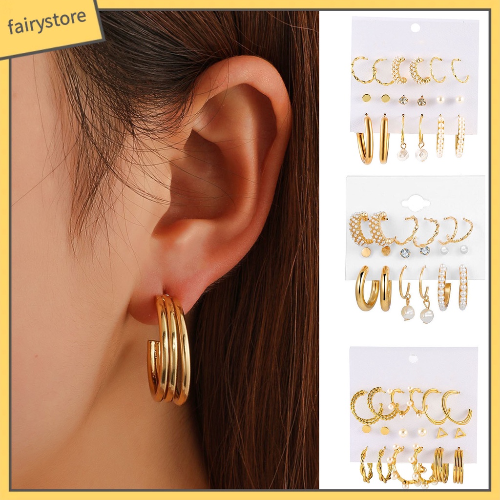 Set 9 Đôi Bông Tai Hợp Kim Dạng Vòng Đính Ngọc Trai Giả Thanh Lịch Cho Nữ