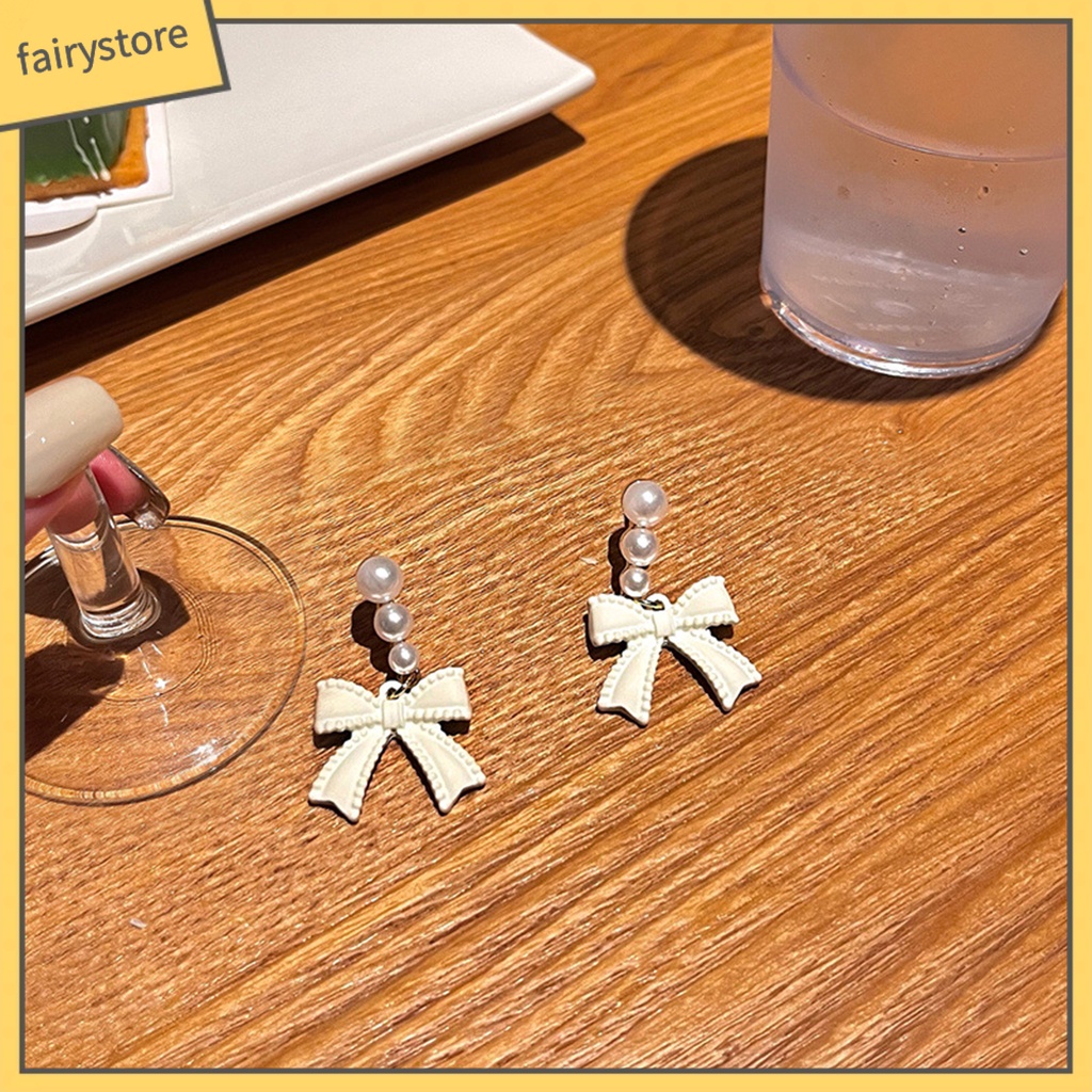 1 Đôi Bông Tai Hình Nơ Đính Ngọc Trai Nhân Tạo Phong Cách Hàn Quốc