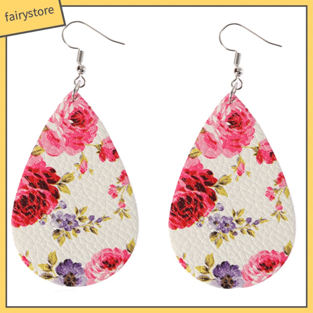 Bông Tai Giả Da Hình Giọt Nước Họa Tiết Hoa Phong Cách Boho Dành Cho Nữ