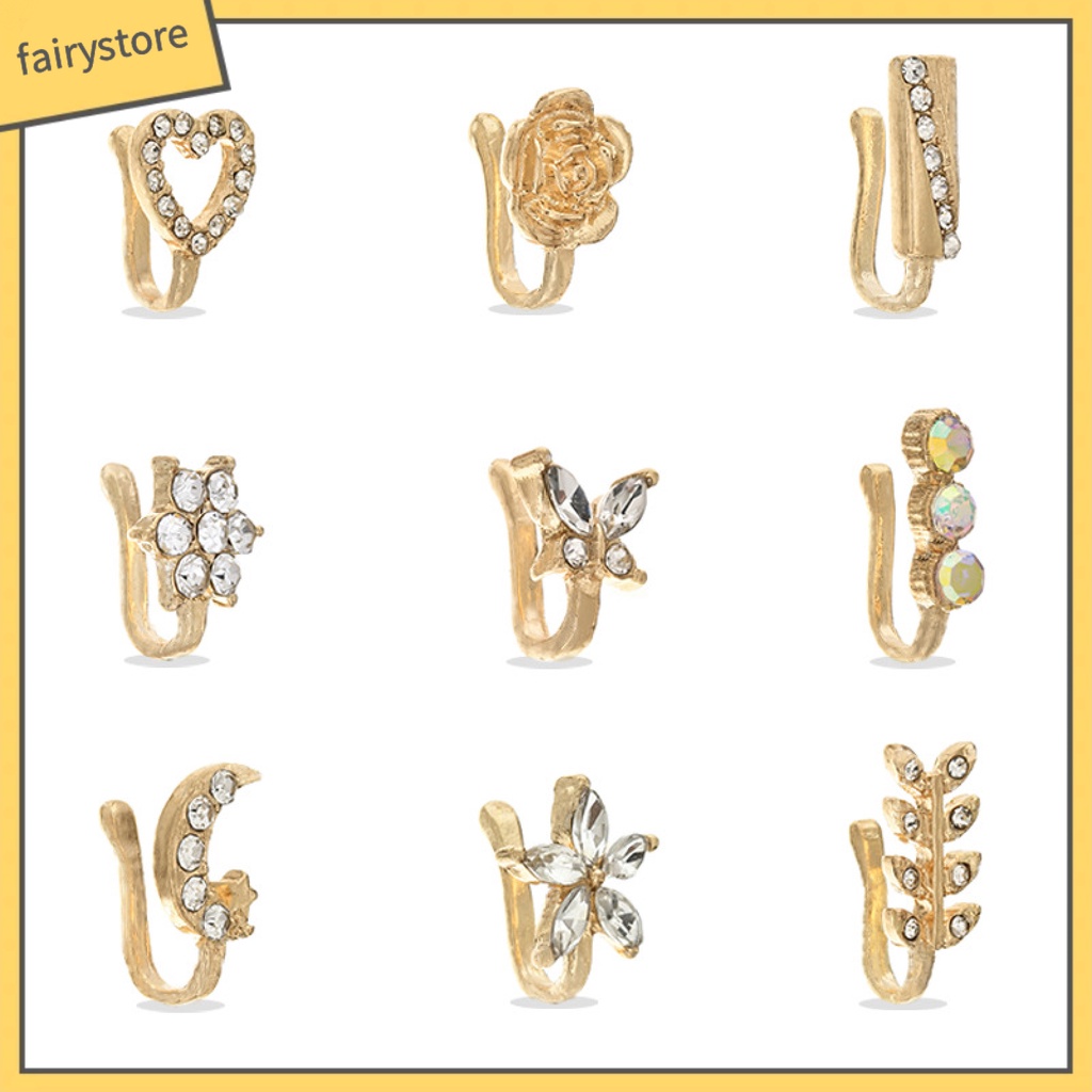 [FRO] Set 9 Khuyên Mũi Đính Kim Cương Giả Hình Xương / Mặt Trăng / Bông Hoa Không Cần