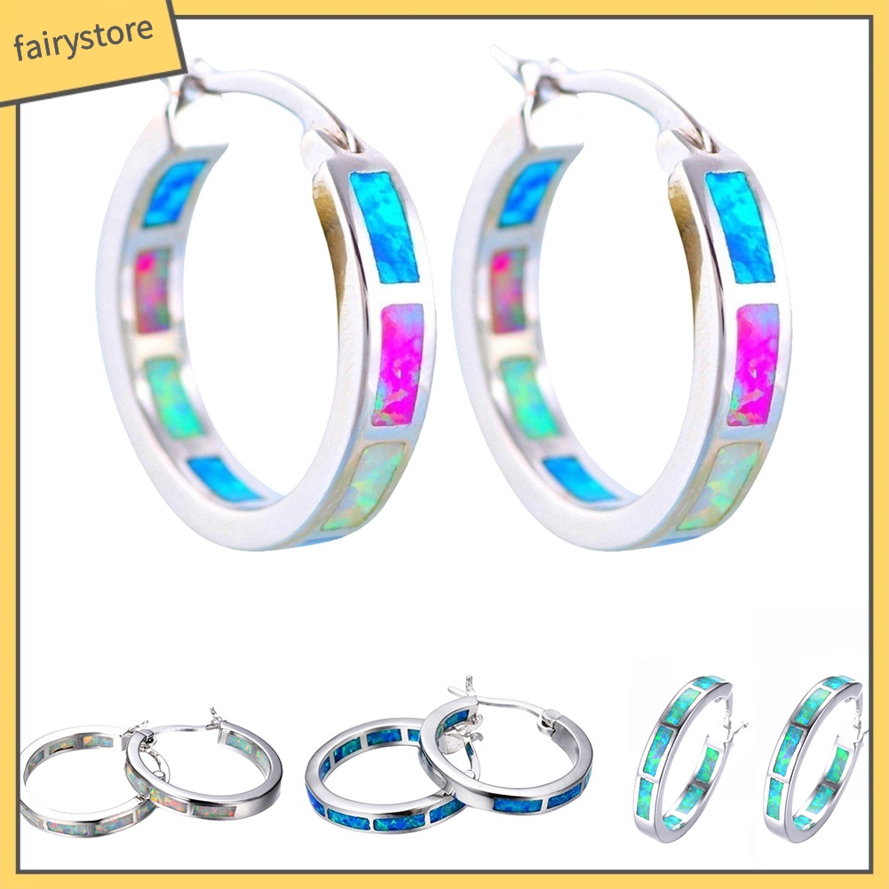 Bông Tai Tròn Dát Đá Opal Giả Nhiều Màu Thời Trang Cho Nữ