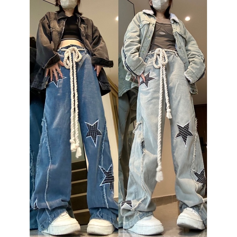 Y2k Quần Jeans Nữ Lưng Cao Ống Rộng Phong Cách Retro Mỹ Cá Tính