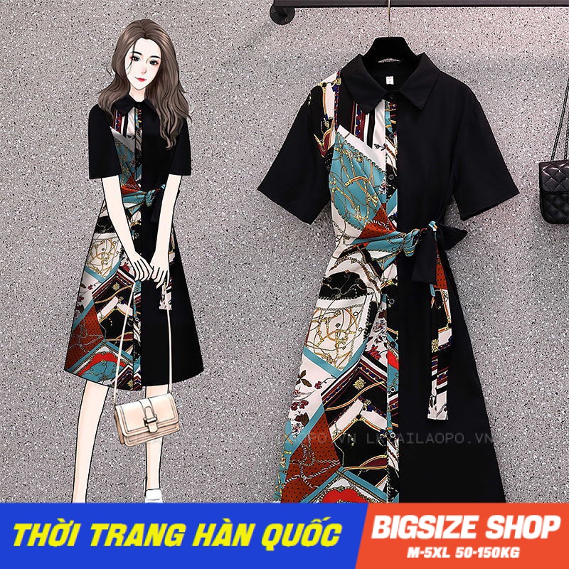 Váy đầm nữ Bigsize Đầm sơ mi dáng suông tay ngắn có cổ in hình đen mùa hè Phong cách Hàn Quốc Thời Trang đẹp