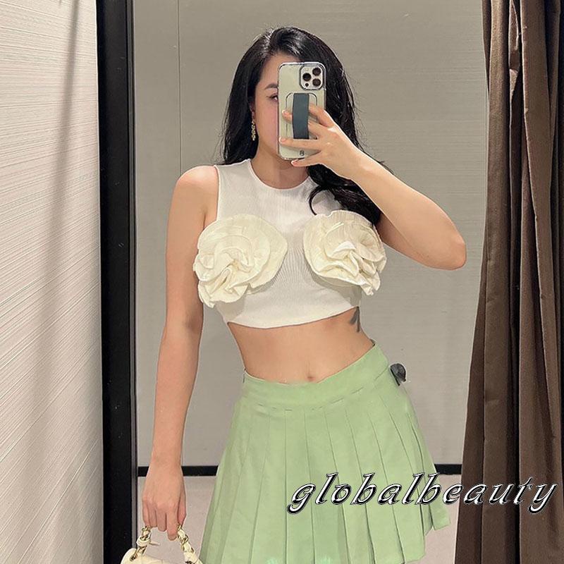 Áo Croptop Sát Nách Màu Trơn In Họa Tiết Hoa 3D Thời Trang Mùa Hè Cho Nữ