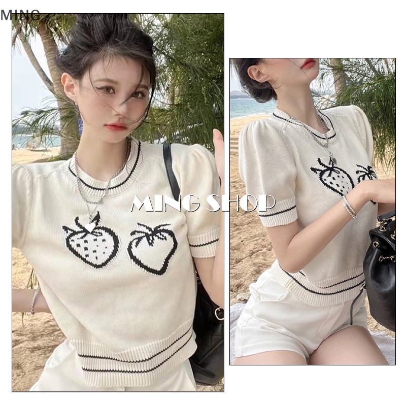 Áo Thun Dệt Kim Tay Ngắn Cổ Tròn In Hình Dâu Tây Phong Cách Retro Dành Cho Nữ