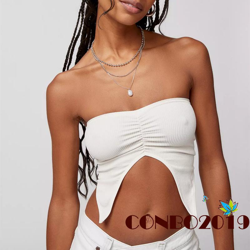Hgm Áo Croptop Trễ Vai Không Dây Co Giãn Xẻ Tà Màu Trơn Thời Trang Đường Phố Đi Câu Lạc Bộ Đường Phố Cơ Bản Dành Cho Bạn Nữ