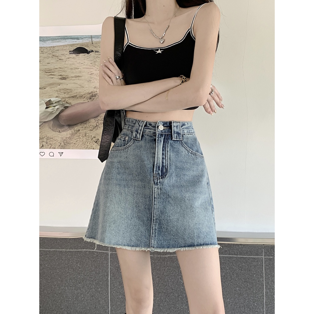 Chân Váy Jean Chữ A Lưng Cao Màu Trơn Thời Trang Mùa Hè Cho Nữ