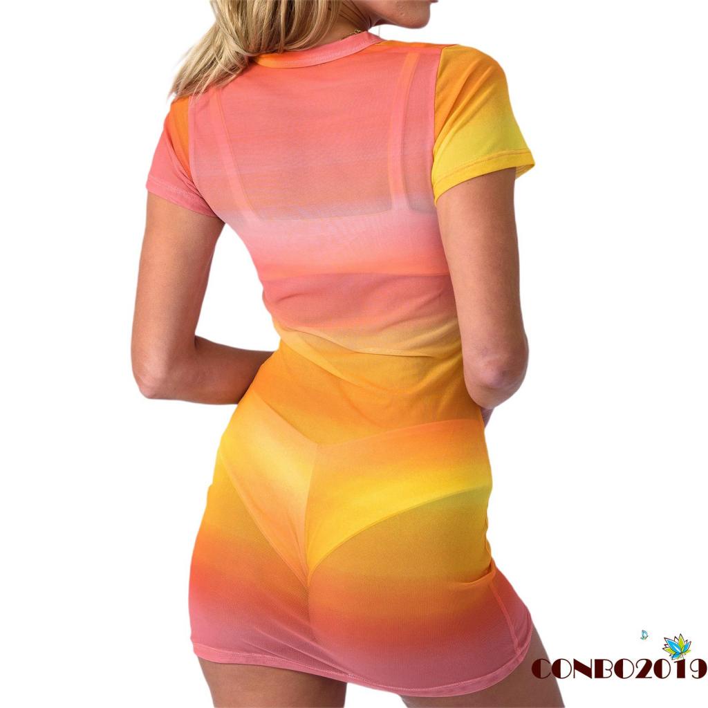 Đầm Tay Ngắn Cổ Tròn Phối Lưới Màu Sắc Gradient Thời Trang Mùa Hè Cho Nữ