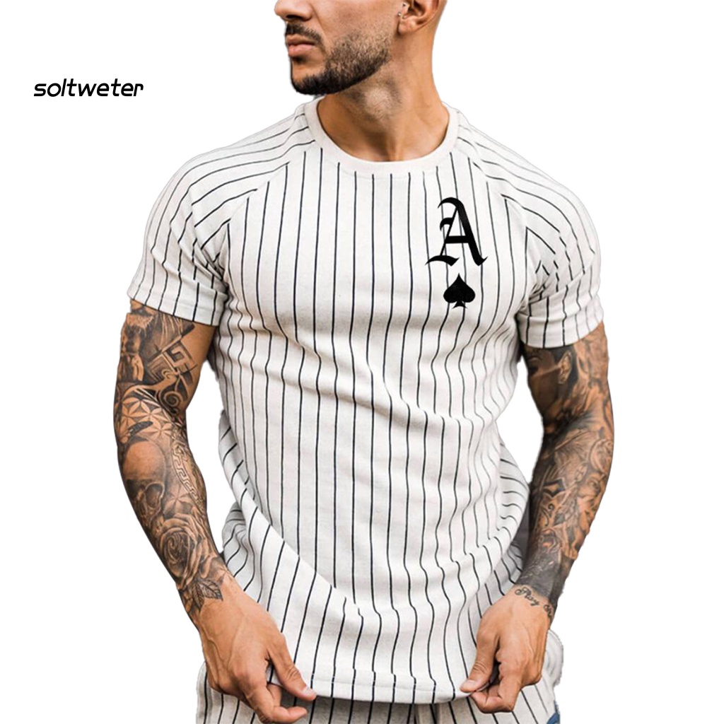 Áo Thun Tay Ngắn Dáng Ôm In Hình Lá Bài Poker Kẻ Sọc Dọc Trẻ Trung Cho Nam