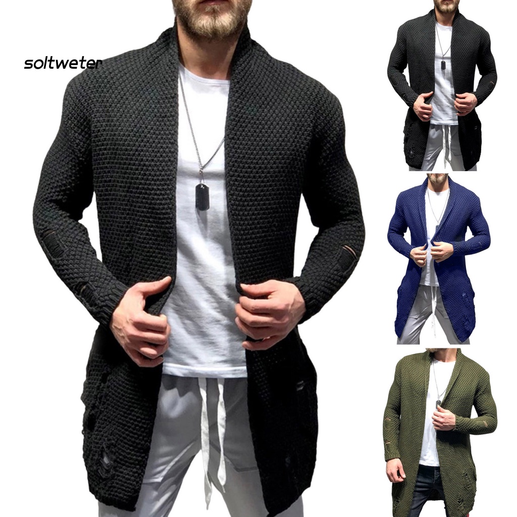 Áo Khoác Sweater Dệt Kim Tay Dài Màu Sắc Trơn Thiết Kế Rách Cá Tính Thời Trang Thu Đông Cho Nam Giới