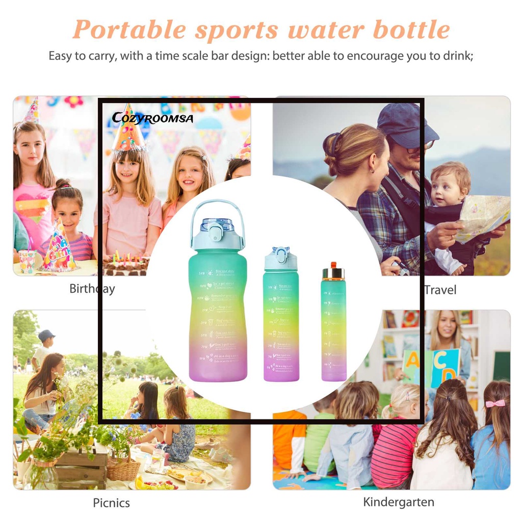 Bộ 3 Bình Nước Thể Thao Màu Gradient Có Thang Đo Thời Gian