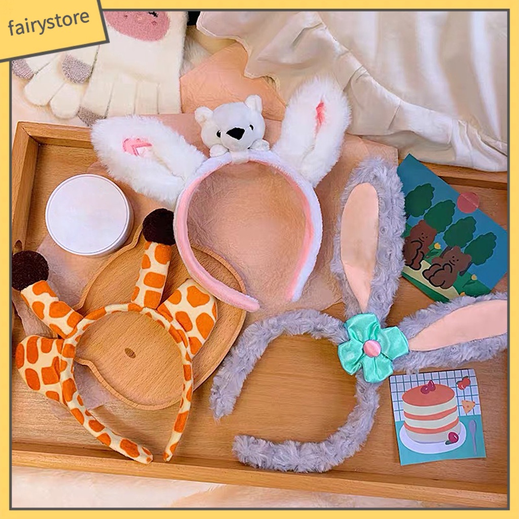 Băng Đô Tai Thỏ / Gấu / Hươu Cao Cổ Phủ Lông Xù Dễ Thương Dành Cho Nữ