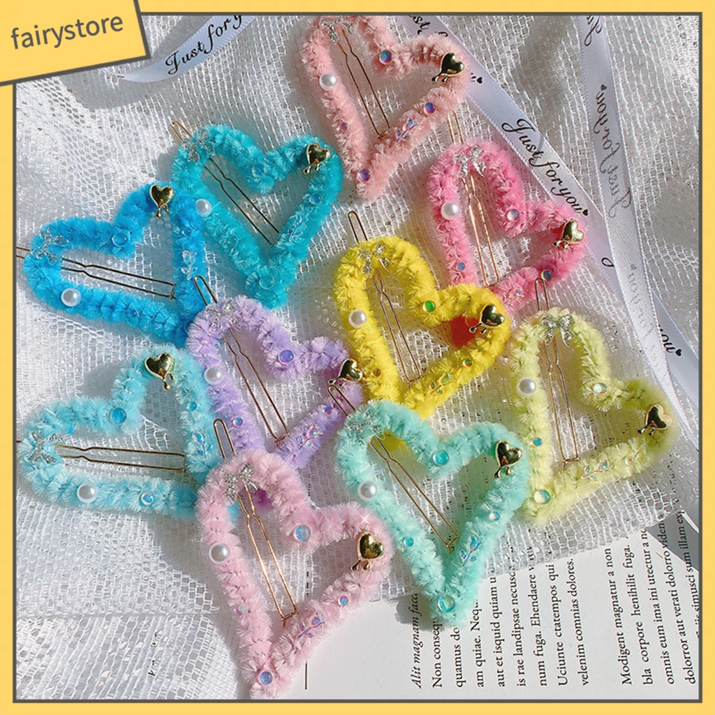 Kẹp Tóc Trang Trí Hình Trái Tim Bằng Lông Nhân Tạo Mềm Mại Màu Kẹo Cho Nữ