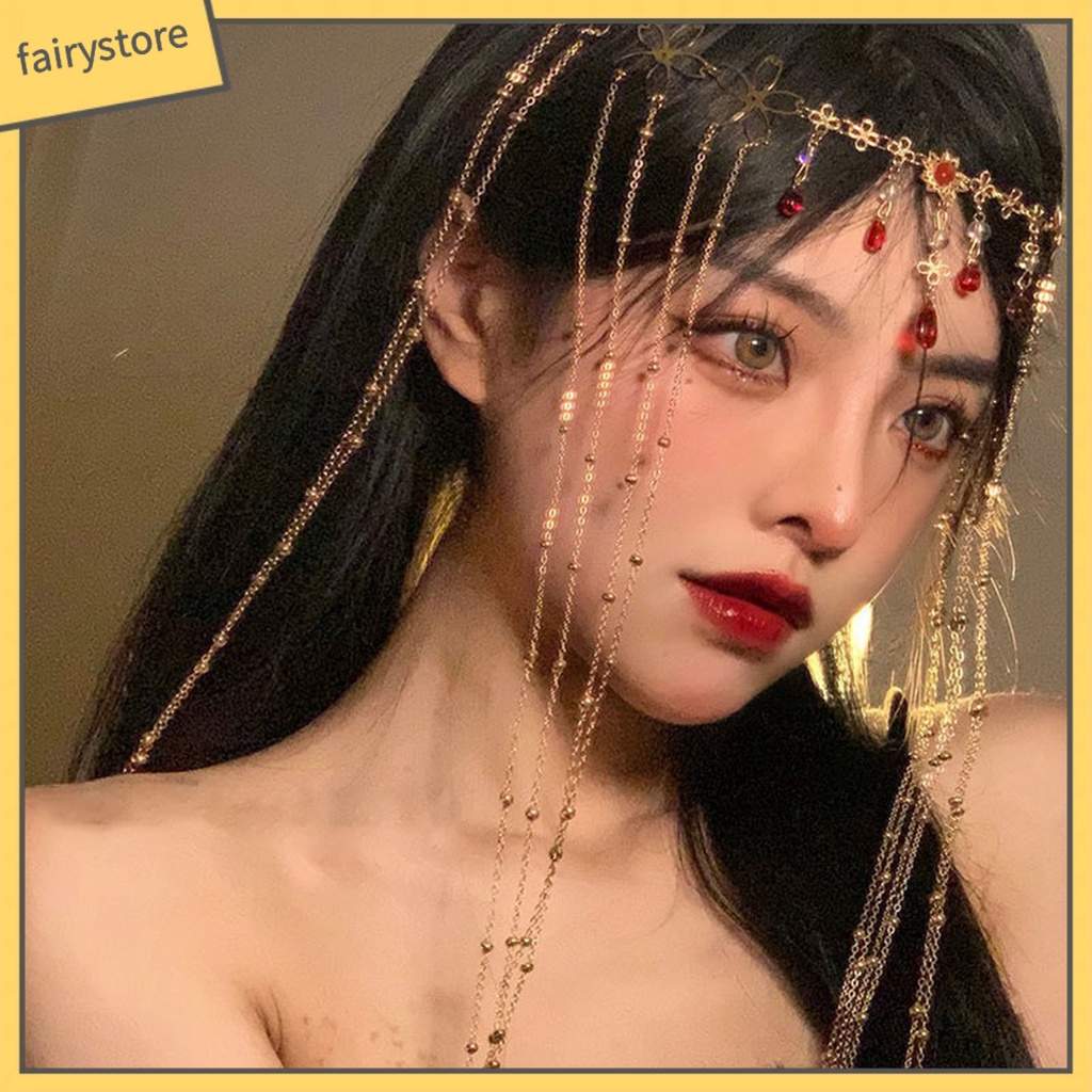 Chuỗi Dây Đeo Trán Co Giãn Họa Tiết Hoa Đính Đá Hình Giọt Nước Lấp Lánh Phong Cách Trung Hoa Cổ Điển