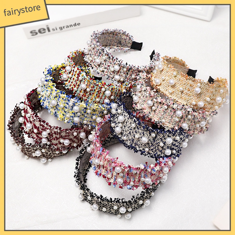 Băng Đô Dệt Kim Đính Ngọc Trai Nhân Tạo Phong Cách Hàn Quốc Cho Nữ