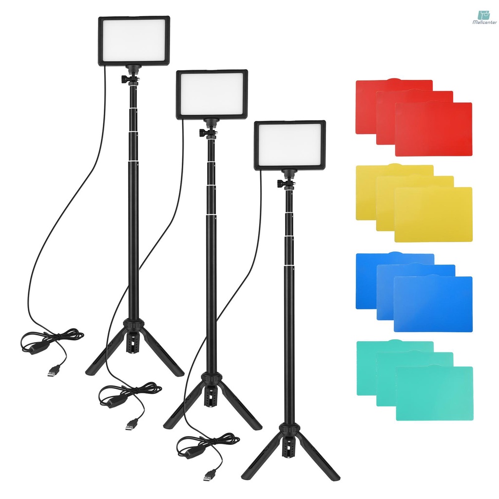 Andoer 3 Pack USB LED Video Light Kit Photography Lighting 3200K-5500K 120pcs Beads 14-level Dimmable with 148cm/58in Adjustable Height Tripod Stand 5pcs White/ Red/ Yellow/ Green/ Blue Filters Triple