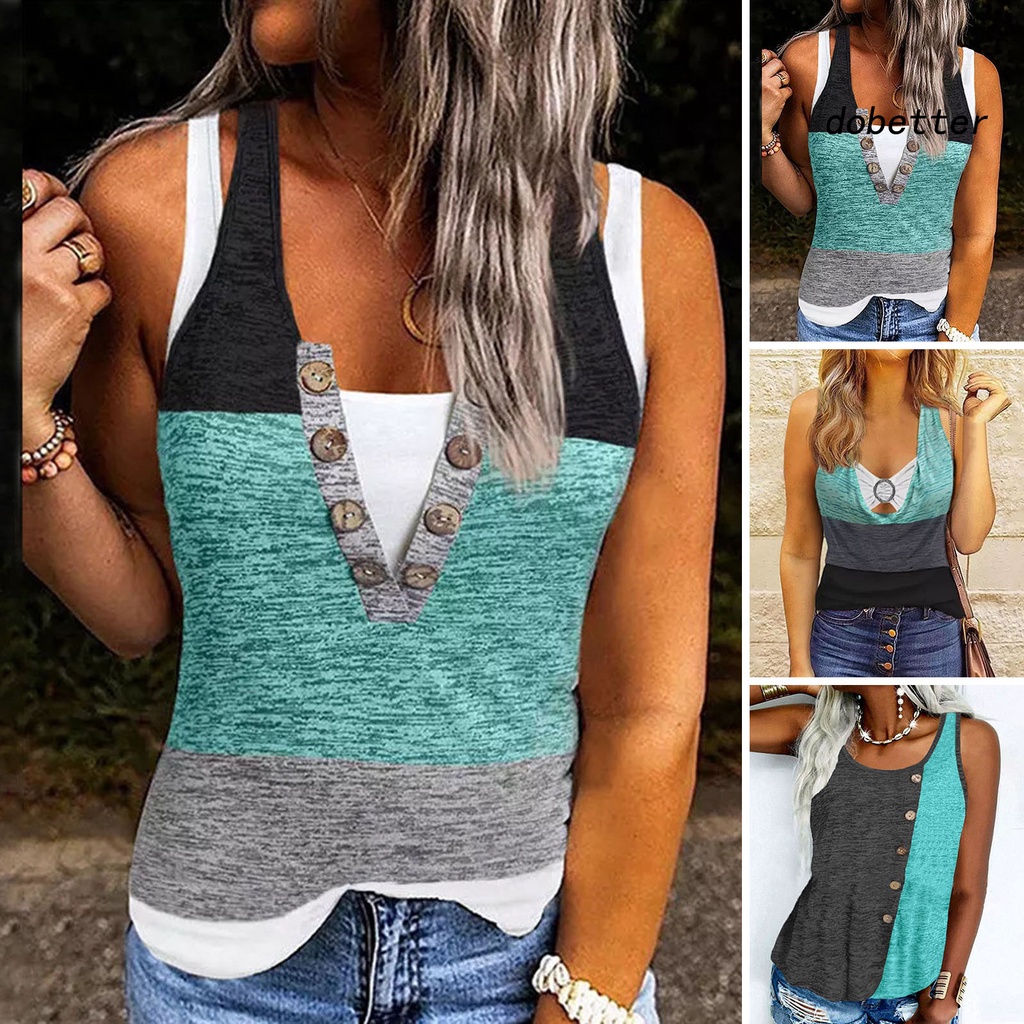 [DO] Áo Ba Lỗ Mềm Khoét Lỗ Cổ Chữ V Thoáng Khí Phối Màu Trang Trí Nút Thời Trang Mùa Hè Cho Nữ