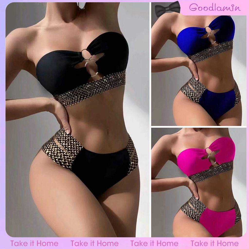 Set 2 Món Đồ Bơi Bikini Lưng Cao Có Vòng Nối Cho Nữ