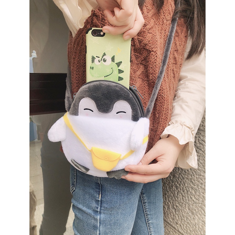 Jiviviel Túi Đeo Chéo Vai Phủ Lông Hình Chim Cánh Cụt Đỏ Hoạt Hình Phong Cách Hàn Quốc Dễ Thương Vui Nhộn Cho Nữ