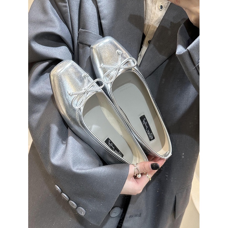 Lijia Giày Búp Bê Đế Mềm Mũi Vuông Màu Bạc Phong Cách Pháp Thanh Lịch Cho Nữ Có Sẵn