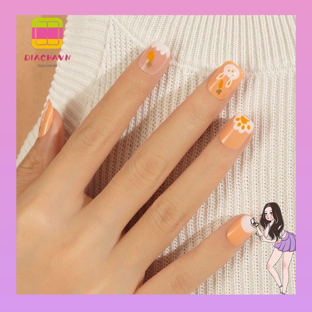 Set 24 Móng Tay Giả Hình Thỏ / Hoa Dễ Thương Có Thể Tháo Rời DIY