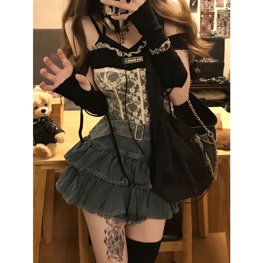 Y2k Chân Váy Jean Denim Nhún Bèo Phong Cách Retro Thời Trang Mùa Hè Cho Nữ