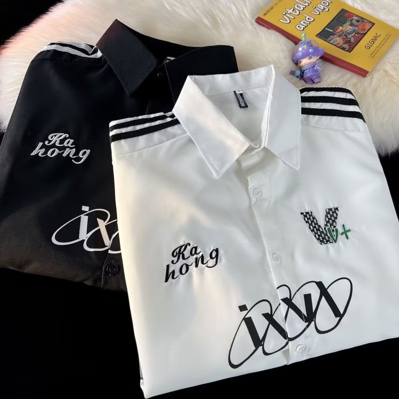 Áo Thun polo Ngắn Tay Form Rộng Thêu Họa Tiết Phong Cách Đường Phố Mỹ