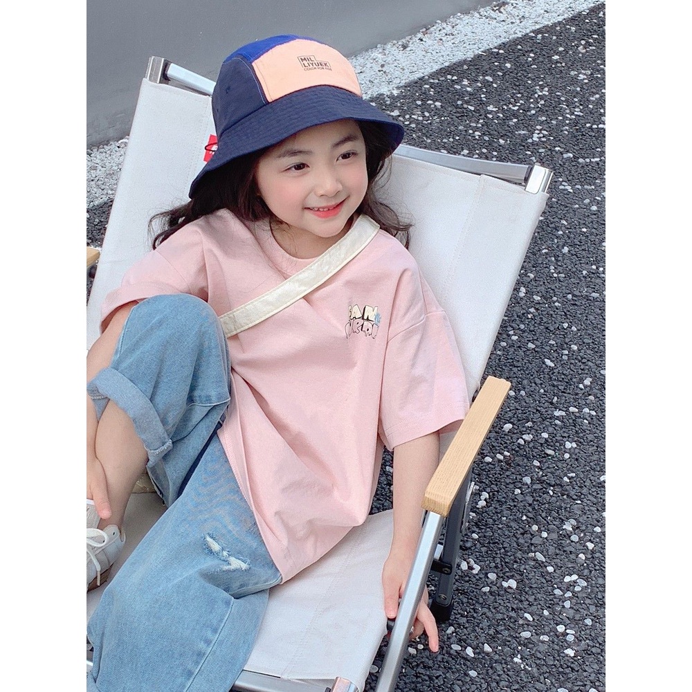 Áo Thun cotton Tay Ngắn Dáng Rộng In Họa Tiết Hoạt Hình Dễ Thương Cho Bé Gái
