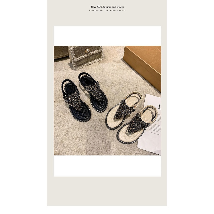 Giày Sandals Đế Bằng Đính Đá Trang Trí Sành Điệu Hợp Thời Trang Cho Nữ